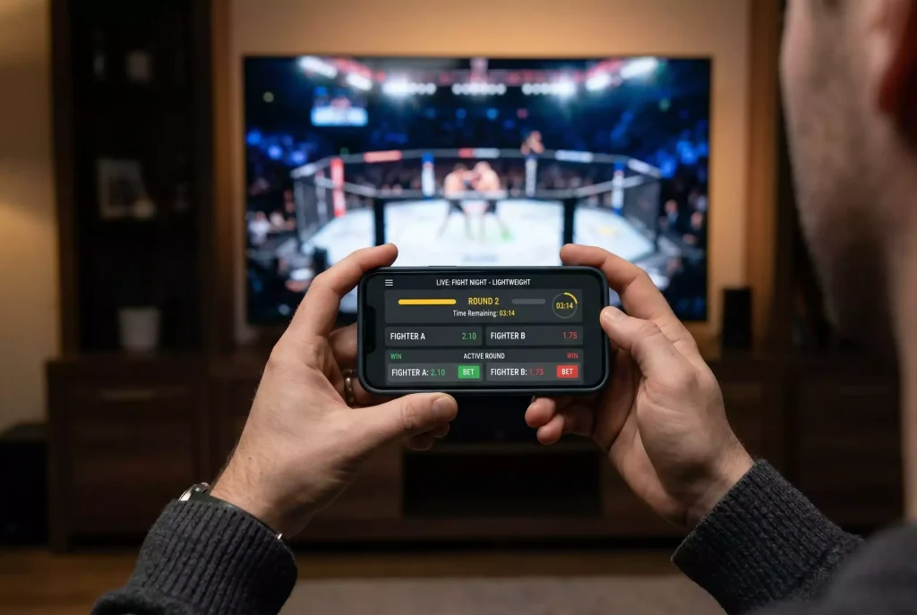Ecra de telemovel com interface de apostas ao vivo durante um combate de MMA