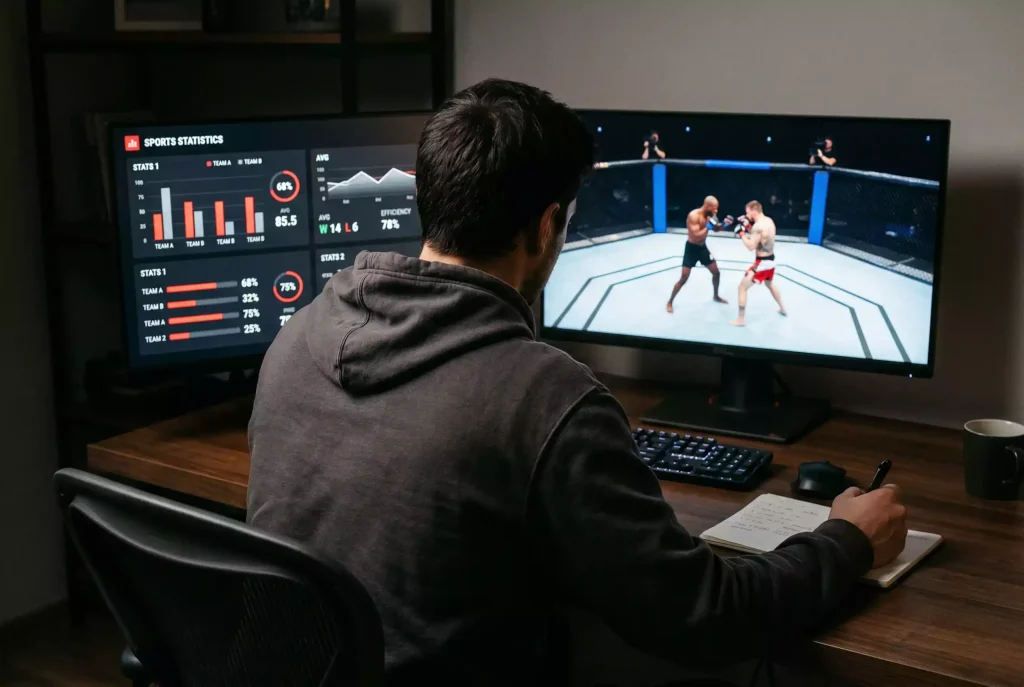 Analista a estudar estatisticas de lutadores de MMA num ecra com dados de combates