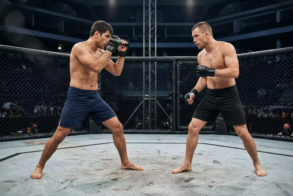 Dois lutadores de MMA em posicao de combate dentro do octogono
